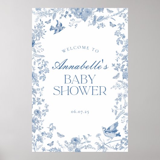 Toile Bleue De Jouy Baby shower Floral Affiche de  (Devant)