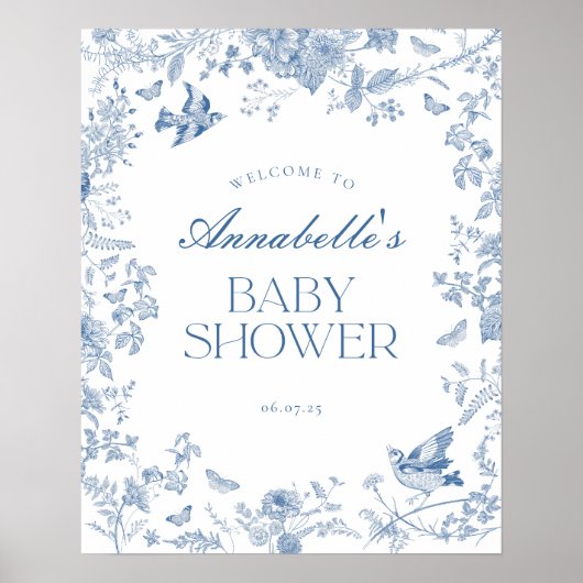 Toile Bleue De Jouy Baby shower Floral Affiche de  (Devant)