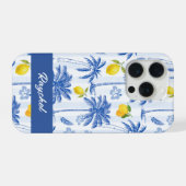 Toile Bleue Palmiers Citrons Monogramme Nom (Verso Horizontal)