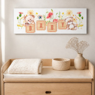 Toile Blocs bébé, ours et fleurs sauvages étirés