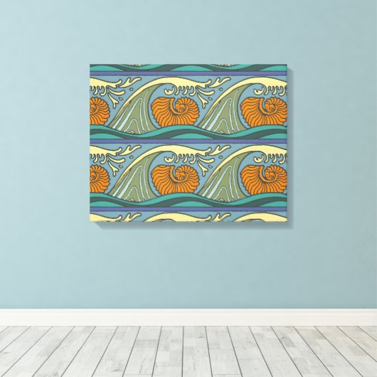 Toile Blue Ocean Waves Nautilus Seashell Motif Nouveau (Insitu (Plancher de Bois))