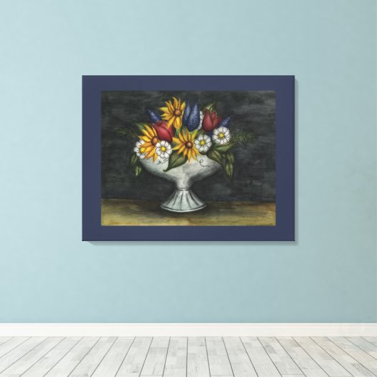 Toile Blue Primitive Folk Art Floral Canvas Art Imprimer (Insitu (Plancher de Bois))