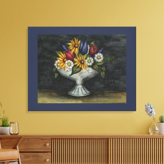 Toile Blue Primitive Folk Art Floral Canvas Art Imprimer (Insitu(Salon))