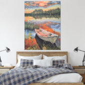 Toile Boat at Sunset: Realistic Lake Reflection wall Art (Insitu(Chambre))