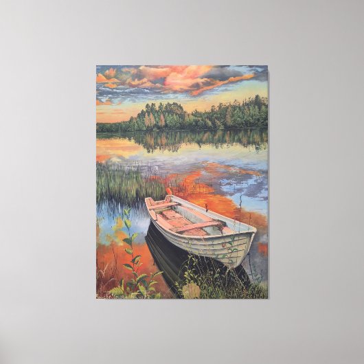 Toile Boat at Sunset: Realistic Lake Reflection wall Art (Recto)