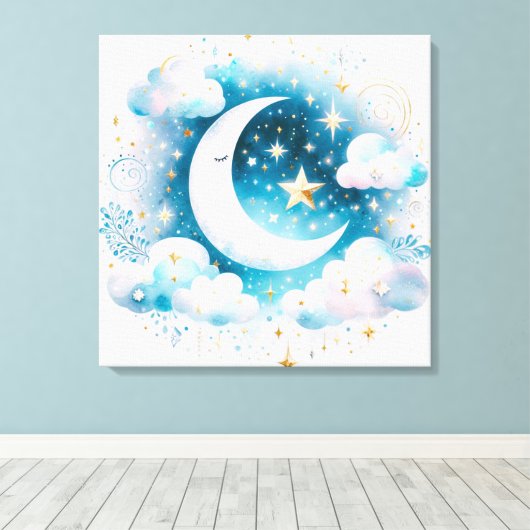 Toile Boho céleste bleu et blanc de la lune Moderne (Insitu (Plancher de Bois))