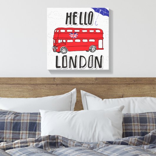 Toile Bonjour Londres | Panneau Lettré main avec paraplu (Insitu(Chambre))