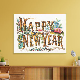 Toile Bonne année dans les troncs d'arbres, les glands e