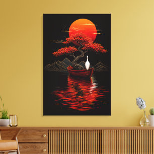 Toile Bonsaï Coucher de Soleil Cramoisi – Paysage Zen Ja