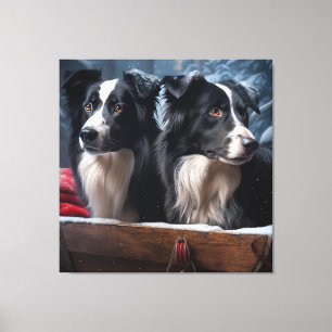 Toile Border Collie enneigé Luge Décor Noël