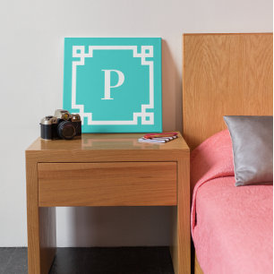 Toile Bordure de clé grecque turquoise et blanche avec m
