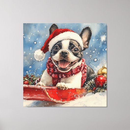 Toile Boston Terrier Dog in Sledge Let it Neige Noël (Recto)