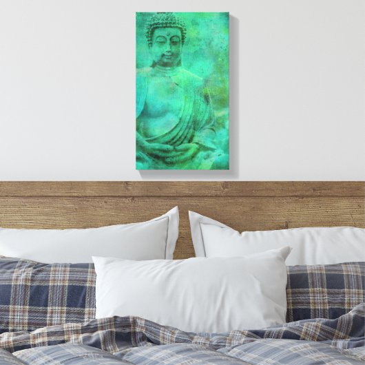 Toile Bouddha Jardin Zen dans les tons bleu et vert Canv (Insitu(Chambre))