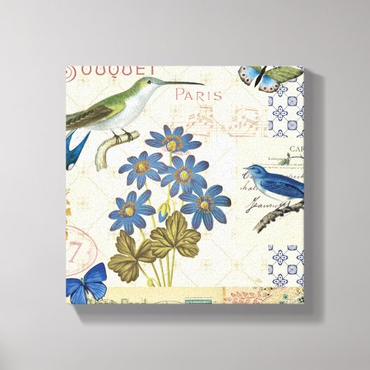 Toile Bouquet de fleurs bleues, d'oiseaux et de papillon (Recto)