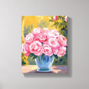 Toile Bouquet de roses roses   Vase floral aquarelle