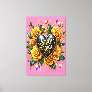 Toile Bouquet enchanteur de Roses d'or et coeur 40x60