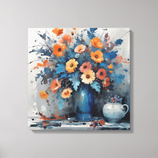 Toile Bouquet floral d'aquarelle vive dans le Vase bleu