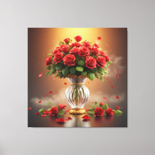 Toile Bouquet somptueux de roses rouges dans un vase en