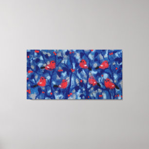 Toile Bouvreuils, oiseaux rouges arbres forestiers bleus