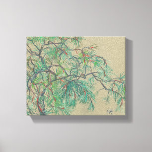 Toile "Branche de pin", dessin pastel dans les tons vert