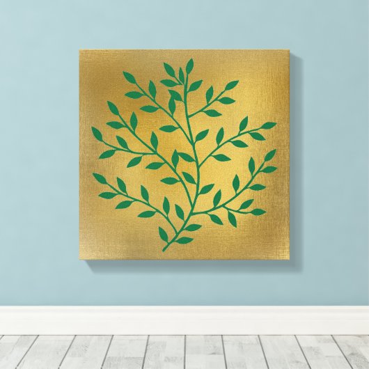 Toile Branche verte feuille verte sur or (Insitu (Plancher de Bois))