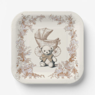 Toile Brown Teddy Bear Carriage Baby shower Papieren Bordje