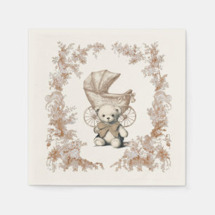 Toile Brown Teddy Bear Carriage Baby shower Servet