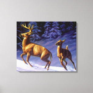Toile Buck & Doe de cerf blanc en neige hivernale
