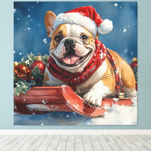 Toile Bulldog dans Sledge Let it Neige Noël (Insitu (Plancher de Bois))