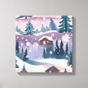 Toile Cabane de montagne enneigée aquarelle