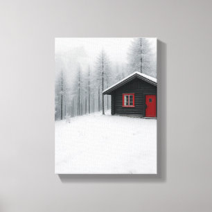 Toile Cabine d'hiver en forêt de neige paysage minimalis