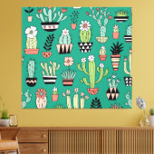 Toile Cactus Fleuris Fond Vert Vintage (Insitu(Salon))