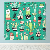 Toile Cactus Fleuris Fond Vert Vintage (Insitu (Plancher de Bois))