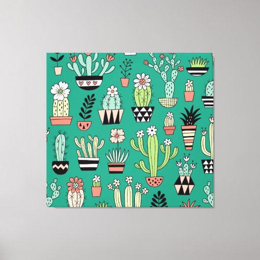 Toile Cactus Fleuris Fond Vert Vintage (Recto)