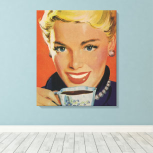 Toile Café Vintage, Femme Heureuse avec Tasse de Café Ré