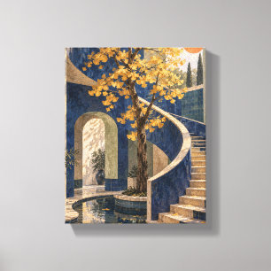 Toile Cage d'escalier en cobalt avec Ginkgo doré