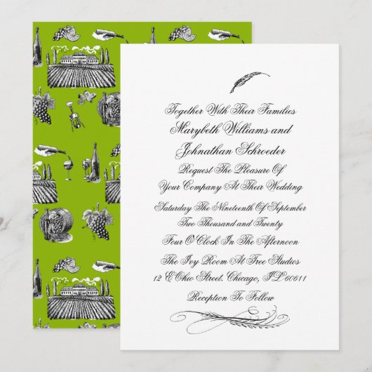 Toile & Calligraphy Flourish Wedding Invitation Kaart (Voorkant / Achterkant)