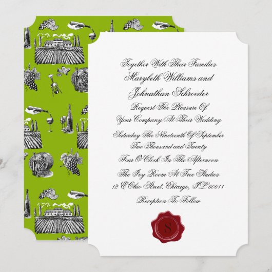 Toile & Calligraphy Monogram Wedding Invitation Kaart (Voorkant / Achterkant)