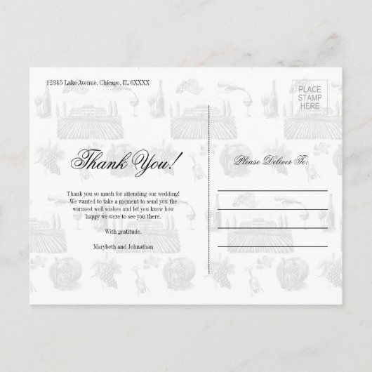 Toile & Calligraphy Wedding Photo Briefkaart (Achterkant)