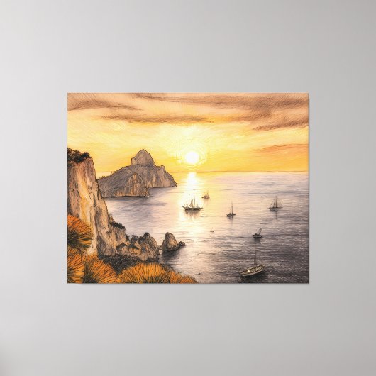 Toile Capri faraglioni rocks ocean sunset drawing with s (Recto)