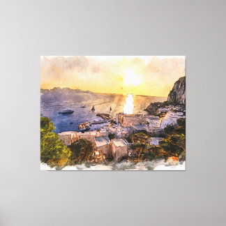 Toile Capri island sunset painting with harbor and boats