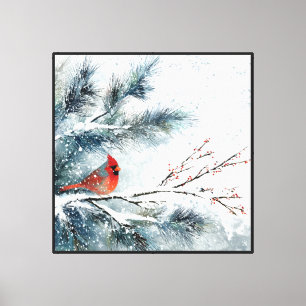 Toile Cardinal rouge sur branche de pin enneigée