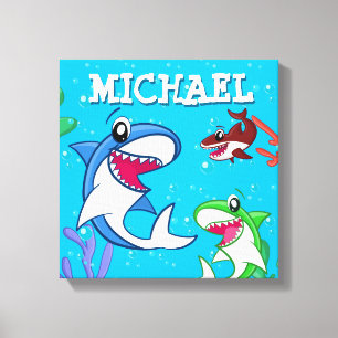 Toile Caricature pour enfants requin sous-marin bleu mer