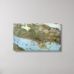 Toile Carte ancienne vue aérienne Ville de Seattle Washi