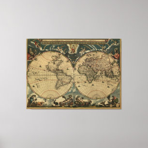 Toile Carte antique du monde par Joan Blaeu, circa 1664