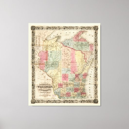 Toile Carte des cantons du Wisconsin de Colton (1851) (Recto)