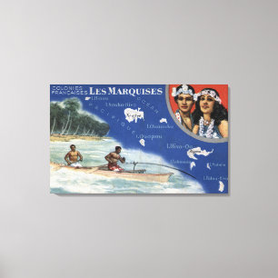 Toile Carte des îles, autochtones en canoë