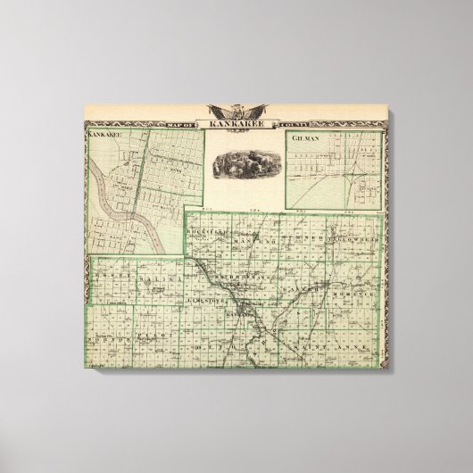 Toile Carte du comté de Kankakee, Kankakee et Gilman (Recto)