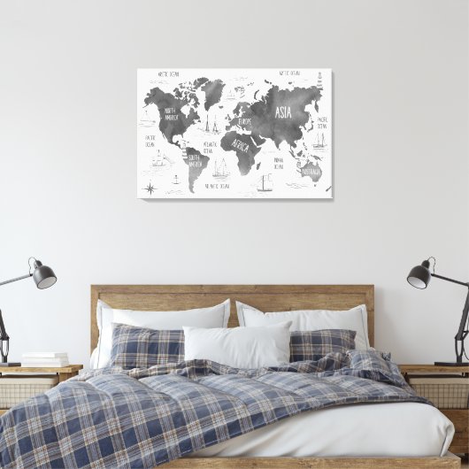 Toile Carte du monde Art noir blanc Nautique (Insitu(Chambre))