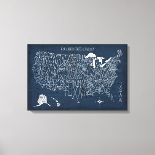Toile Carte en lettres des Etats-Unis de bleu de main